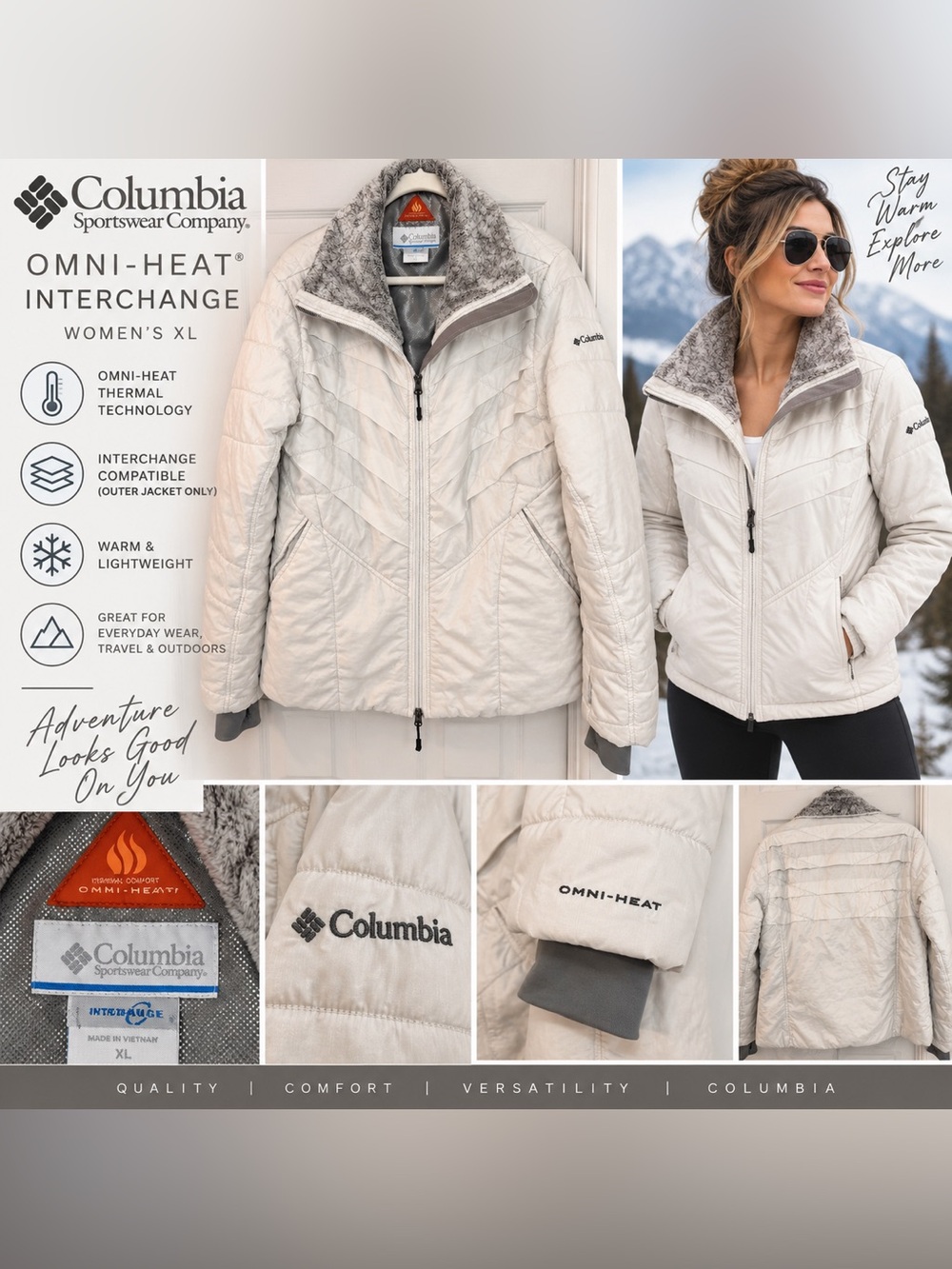 Columbia Omni-Heat Interchange Women’s XL Ivory Faux Fur Collar Jacket